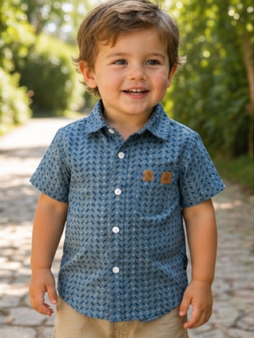 American Hawk Boys Blue Geometric Button Down Shirt 2T | Short Sleeve Collared